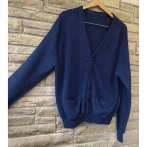 Vintage 50s 60s Men’s Navy Wool Cardigan Sweater V‑Neck Button Front M/L